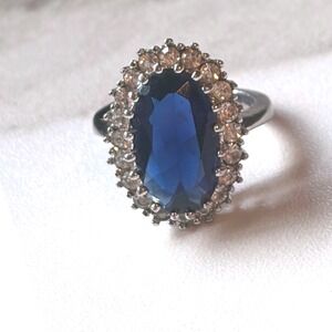 Vintage Style Blue Oval Halo Cocktail Ring Silver Statement Jewelry Size 7.5